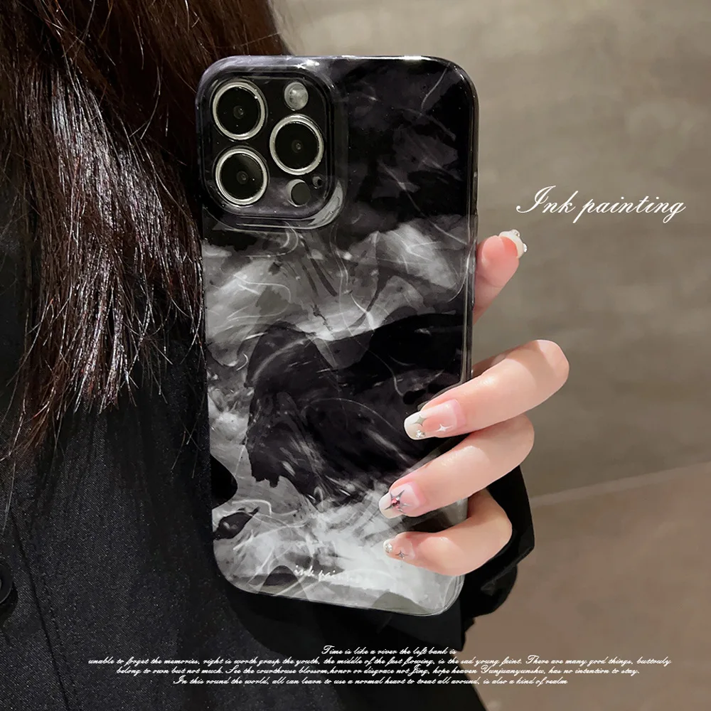 Film-Inspired Black & White Ink Blurred Minimalist Aesthetic Hard Phone Case For iPhone11 12 13 14 15 Pro Max Plus Ins Style