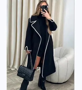 Winter Womens Tweed Blazer Double-Sided Woolen Long Sleeved Woven Lapel Long Coat Loose Windbreaker Coat