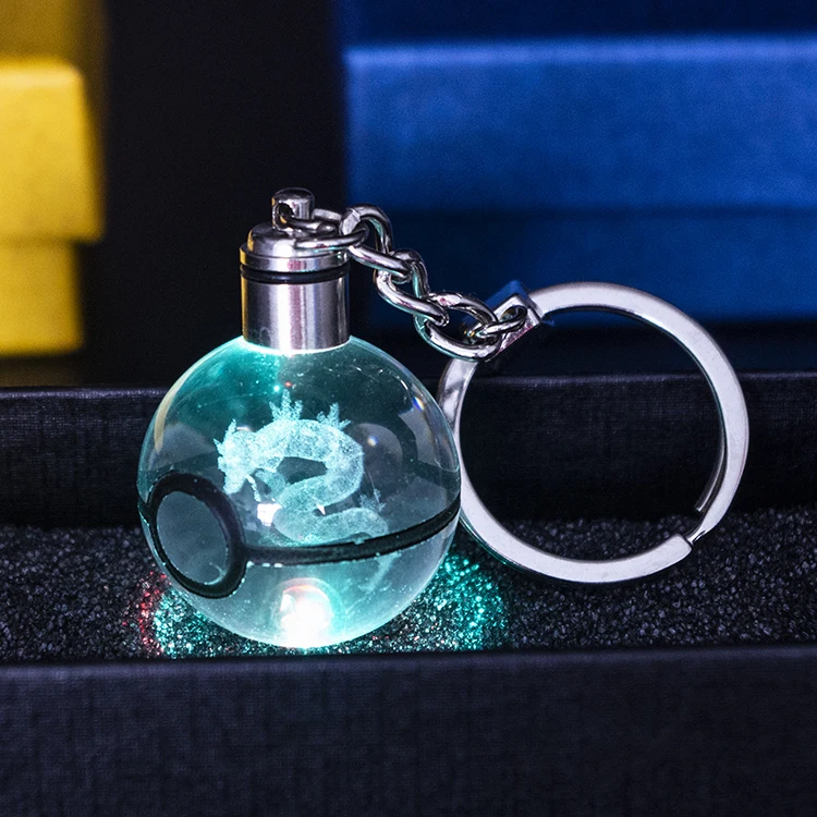 High Quality Cheap Crystal Keychains Custom logo Anime Carton Crystal Led Pokeball Keychain for Kids Souvenirs