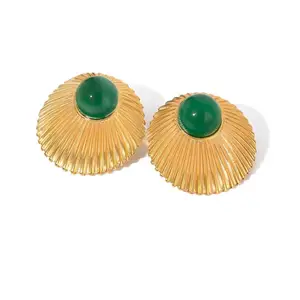 Hot Selling Stainless Steel Green Onyx Ear Studs Trendy Natural Stone Shell Round Earrings Green Onyx Thread Accessories Jewelry
