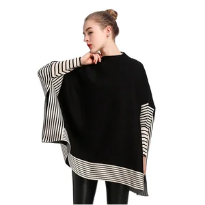 Preppy Style Women's Fashionable Batwing Sleeve Stripe Knit Poncho for Winter