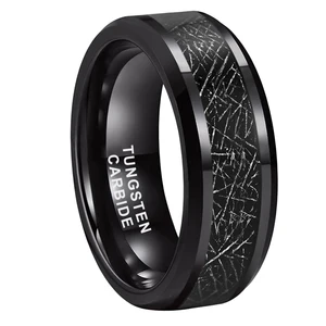 Coolstyle Jewelry 8mm Wholesale Black Meteorite Inlay Beveled Edges Tungsten Ring for Men Women Fashion Engagement Wedding Band