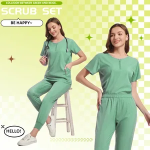 Women's Short Sleeves Round Neck Knitted Scrub Suit Set Elastic Wrinkle Resistant Breathable Casual Summer Doctor Nurse Uniform