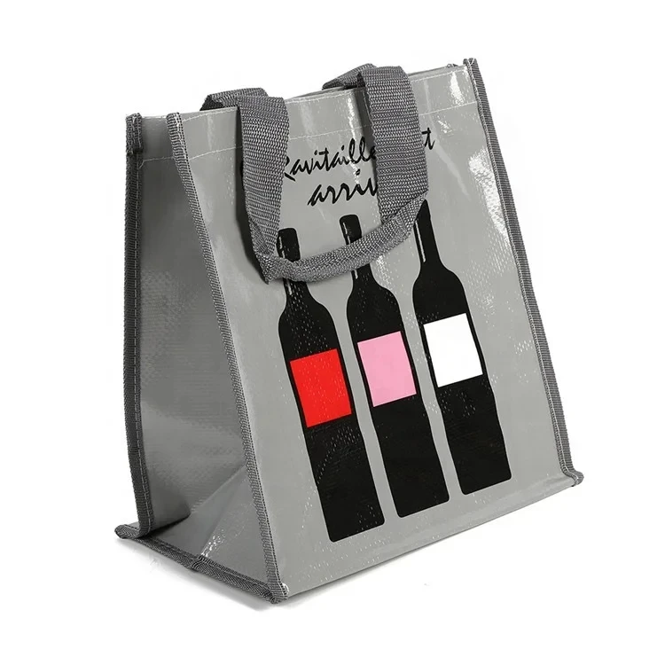 Unique Design Custom Bopp Laminated Custom Logo Printing Wine Tote Bag PP Woven Bag With Compartment