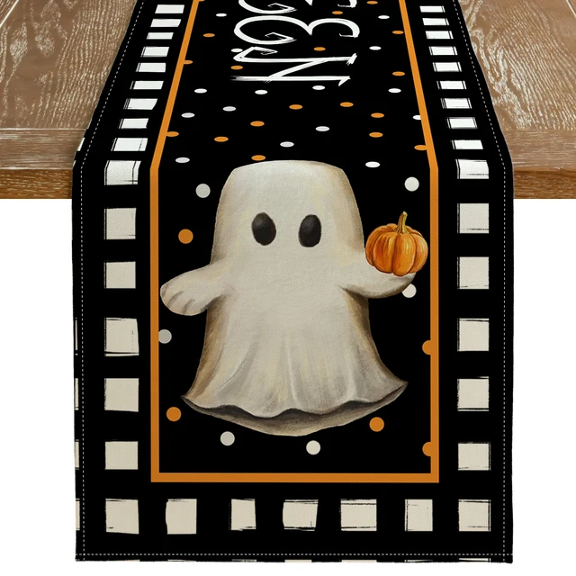 GEEORY Halloween Table Runner Pumpkin Spooky Ghost Seasonal Burlap Dots Indoor Kitchen Dining Table Decorations for Home Party