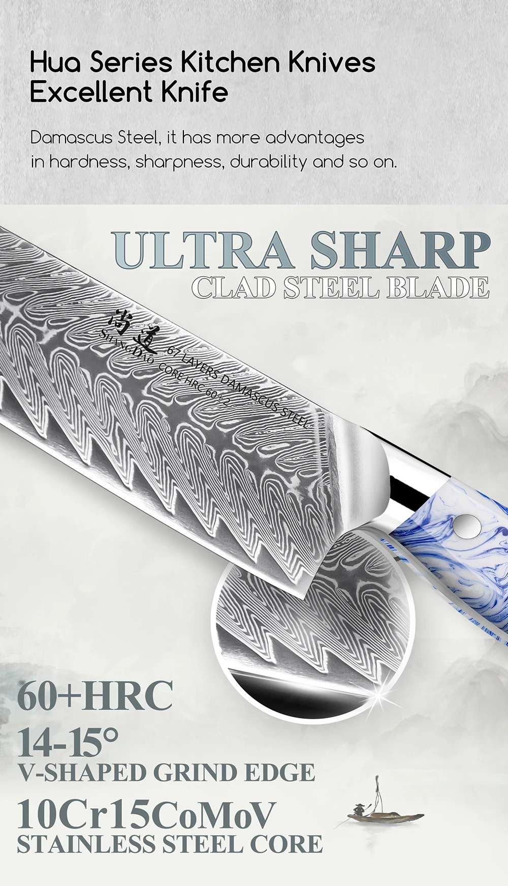 Cuchillo de chef SHANGDAO Kiritsuke de 8 pulgadas, cuchillo rebanador de cocina de acero de Damasco forjado con mango de resina azul y blanca - Espiga completa_voghion.com