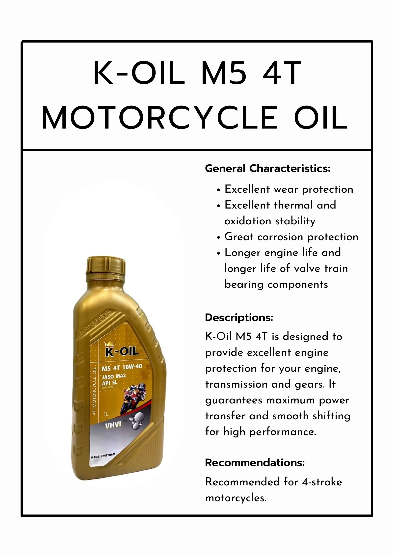 Factory In Vietnam Koil 4t M5 Engine Oil Jaso Ma2 10w40 Api Sl Smooth