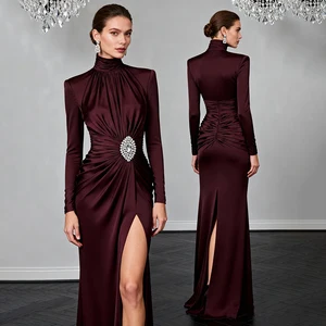 ZYHT 73907 Custom Design Long Sleeve High Neck Fashion Pleated Crystal Beads Ruched Knot High Slit Sexy Luxury Evening Dress