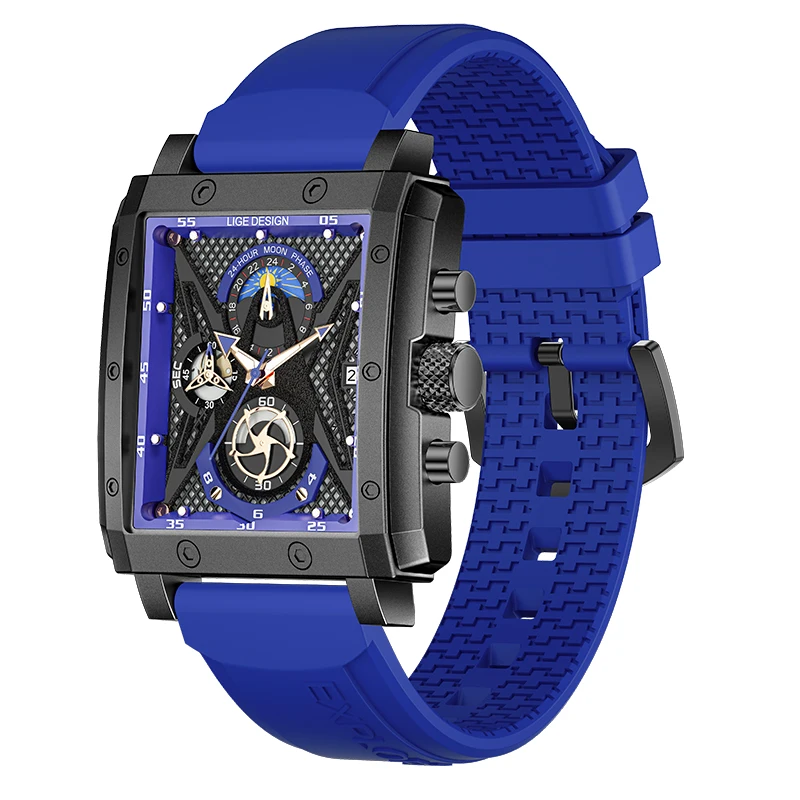 Lige 8965 Luxury Red Fashionable Quartz Watch Rubber Strap Moon Phase 24H Display Chronograph Leisure  Automatic Concept Watch