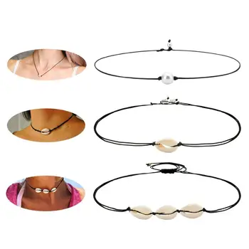 24 Designs Simple Boho Jewelry Black Leather Cord Fresh Water Pearl Clavicle Necklace Cowrie Shell Choker Necklace