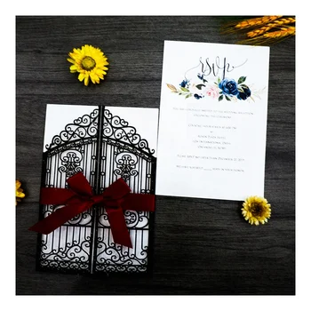 Luxury Laser Cut Hollowed Black Glitter Paper Royal Love Gate Wedding Invitation Thank You Card with Bowknot