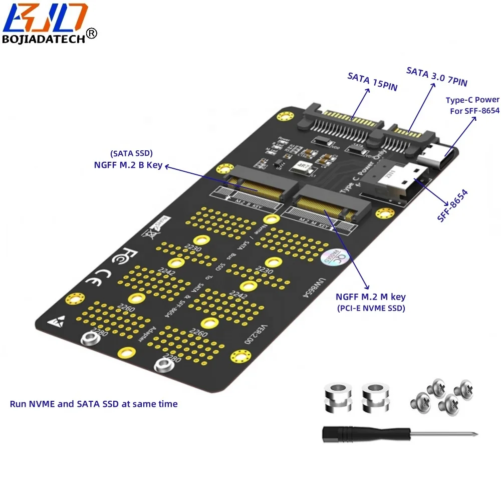 Slimline SFF-8654 4i Interface SATA 15Pin Power to NGFF Key-M NVME  Key-B SATA 2280 M2 SSD Converter Adapter Card