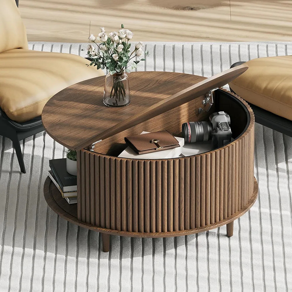Mesa de café de lujo de estilo mid century modern con puerta deslizante de gabinete. Pequeña mesa central de nogal. Mesa de café con almacenamiento para sala de estar.
