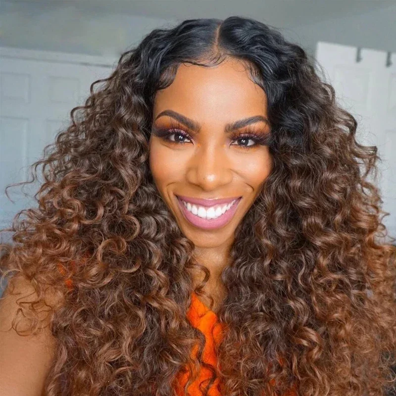 Ombre Chocolate Brown Kinky Curly Lace Front Human Hair Wigs Fechamento Transparente HD 360 Frontal Wig_voghion.com