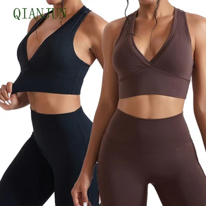 Custom Logo Women Deep V Neckline Outdoor Running Sports Tank Crop Top Backless Gym Underwear Sexy Yoga Bra