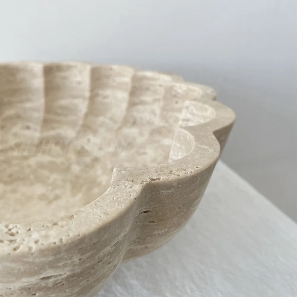 Home Accessaries Flower Design Natural Travertine Stone Fruit Bowl Travertine Bowl Travertine Tray