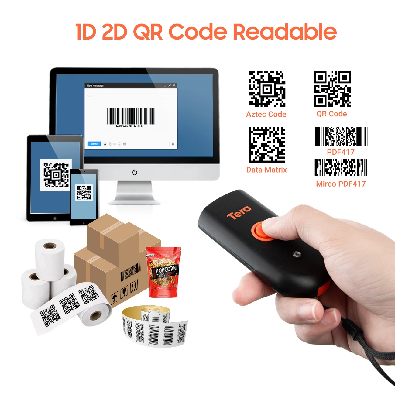 Scanner De Codes-barres Portable TERA Mini 5200C - Connexion Bluetooth/USB/2.4G Sans Fil - Lecture 1D, Mémoire 10000 Codes - Compatible PC, Smartphone, Tablette - 10
