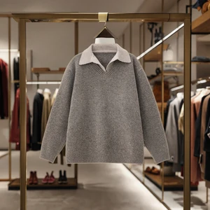 Autumn Winter Vintage Luxury Men's Polo Sweater Qian Style Old Textures Fake Two-piece V-Neck Warm Wool Full Length Jacket Lapel