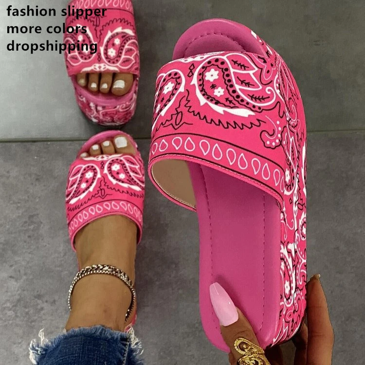 2022 Free Samples Peep Toe High Platform Slip on Bandanas Women Sandals Shoes Thick Bottom Waterproof Slides High Heel Slippers