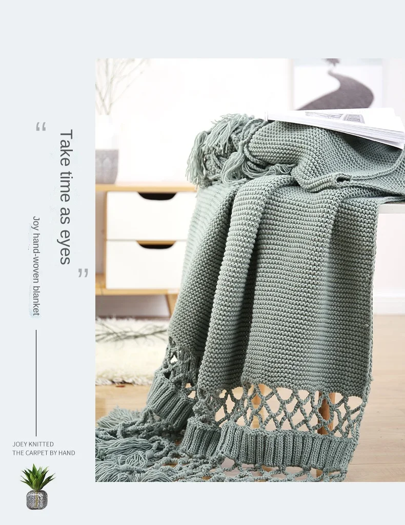 Tassel Hollow-Out Bed Flag Runner Fluffy Weighted Chunky Knit Throw Blanket Home Decorative Sofa Cover Blankets Qy details