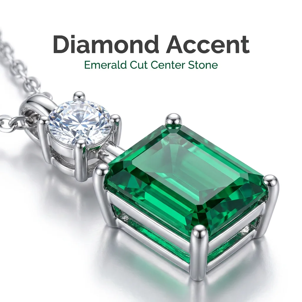 925 Silver Lab Grown Emerald Cut Green Gemstone Pendant with Lab Grown Diamond Pave Bar Luxury Gift for Women