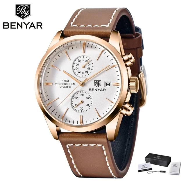 Benyar5187mファッションレザークォーツウォッチスポーツ多機能タイミングコードウォッチメンズ自動防水時計 - Buy Leather  Quartz Watch
