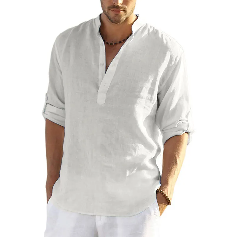 JINIDU Men's Long Sleeve Linen Henley Shirts Casual Cotton Beach Hippie T Shirt 