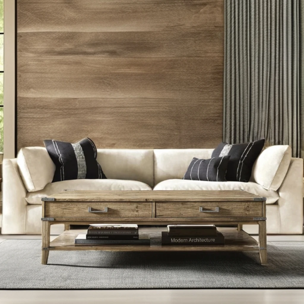 FERLY European and American Modern Style Weathered Wooden Furniture Indoor Solid Wood with Shelves Coffee Table
