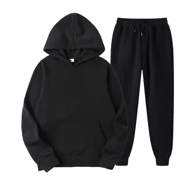 2021 Hot Sale Autumn And Winter Men'S Solid Color Hooded Sweater Fashion Brand Hoodie Two Piece Pants Set Men