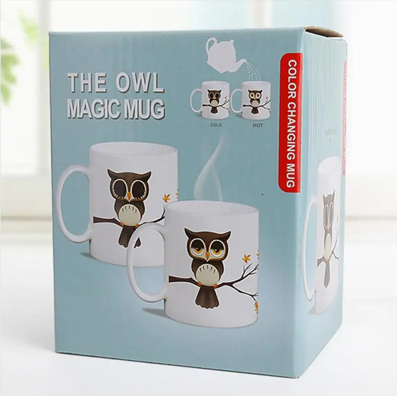 Custom Print Sublimation Blank Magic Heat Changing Coffee Mug Owl Pattern Ceramic Heat Sensitive Color Changing Cup