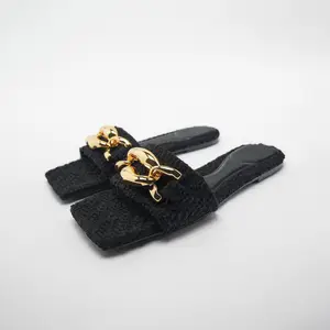 New Design Summer Elegant and Chain Weave Women's Flat slippers Open Toe Leisure Beach Light Pearl Ladies Sandals