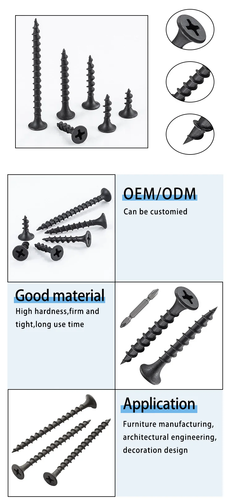 High Cost Performance Steel Black Phosphate Bugle Head Drywall Screw For Gypsum Board details