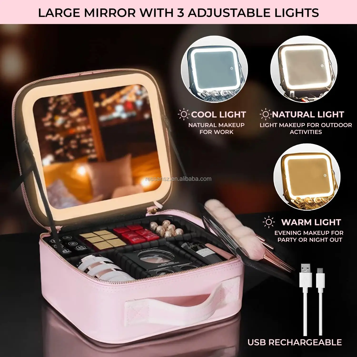 Makeup Bag with Mirror of LED Lighted,Travel Makeup Train Case Cosmetic Bag  Organizer with Adjustable Dividers,Makeup Case with Mirror and Detachable