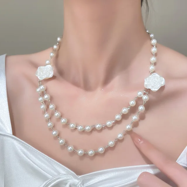 2024 French pearl Camellia necklace women's light luxury design choker collarbone chain necklace