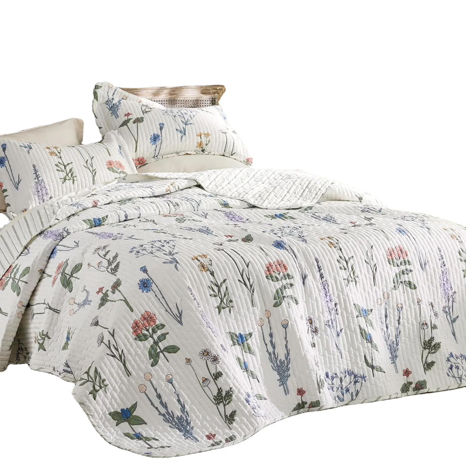 Floral White Reversible Queen Size Quilt Set  3-Piece Botanical Bedspread Coverlet designer custom comforter Bedding Quilt Sets