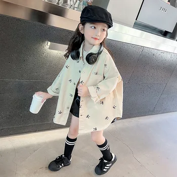 Girls' Bow Tie Shirt Jacket Spring and Autumn Style 2025 New Children's Autumn Wear Baby Long-sleeved Shirt Autumn Top