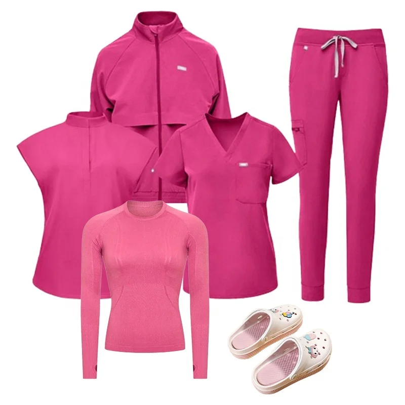 Full Zip up Customized Logo Warm-up Jackets and Nurse Uniform Sets Customized Stretchy Front Zip Nurse Scrub Jacket 3 PCS Sets