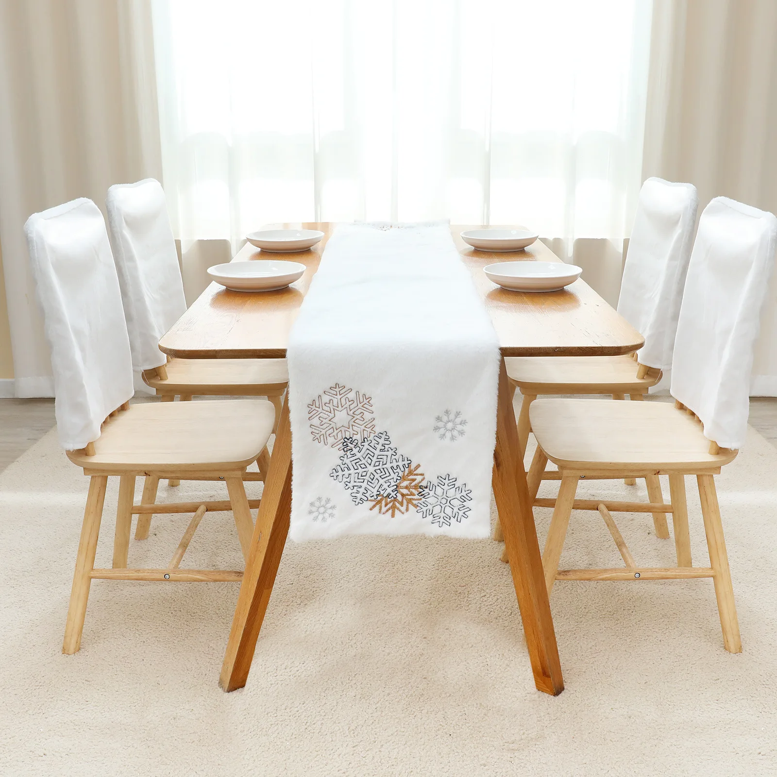 New Nordic Style Embroidery Snowflake Pine Tree Printed Christmas Chair Back Covers for Dining Room Plush Chair Seat Cover