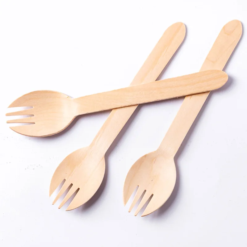 Bulk Customized LOGO Birch Wooden Serving Biodegradable Disposable Spoon Fork Sporks