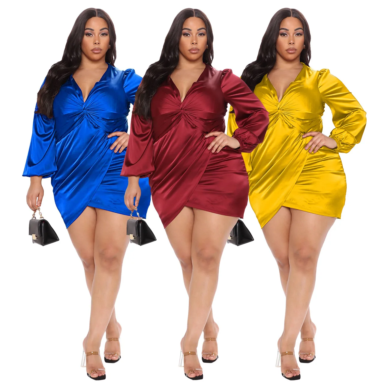 Hot Selling Ladies Casual Dress Flare Sleeve Solid Plus Size Office Fall Women Short Dresses