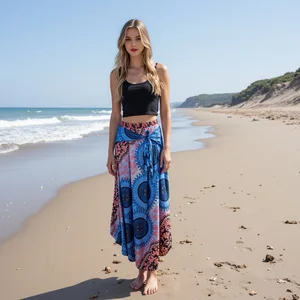 Womens White Off-Shoulder Geometric Sleeve Tankini Beach Swimsuit Set Bohemian Maxi Skirt High-Waist Stretch Customizable Colors