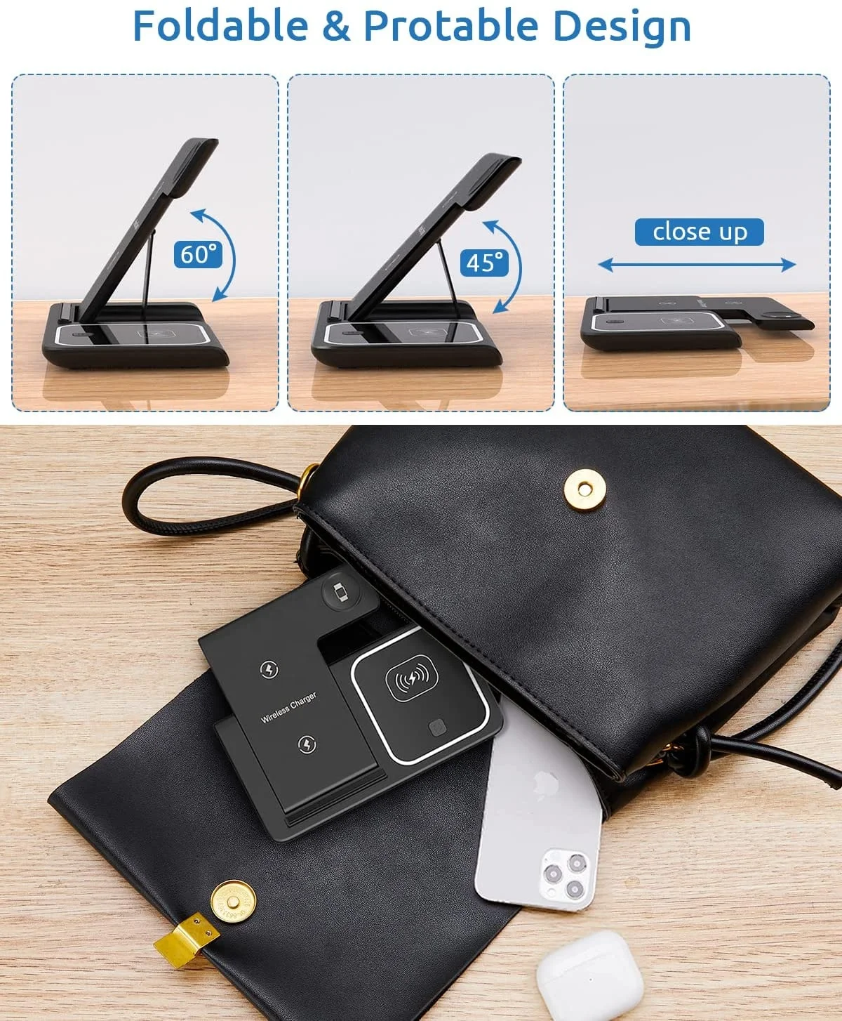 15W 3 in 1 One Foldable Portable Fast Wireless Charging Station Dock Magnetic Cell Phone Qi Wireless Charger Stand for iPhone