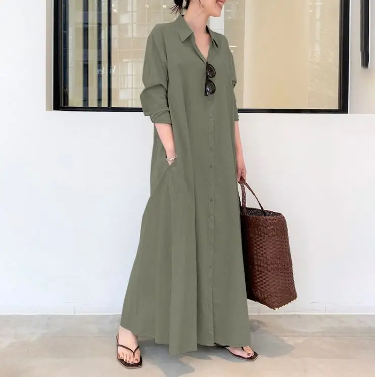 2022 New Style for Women Spring Autumn Shirt Dress Pure Color Long Sleeve Pocket Button Muslim Simple Loose Casual Long Dress