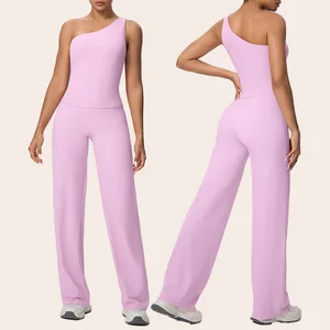 Custom Women's Solid Front Logo High-Waisted Yoga Set Single Shoulder Gym Fitness Clothing Quick Dry Casual Sportswear