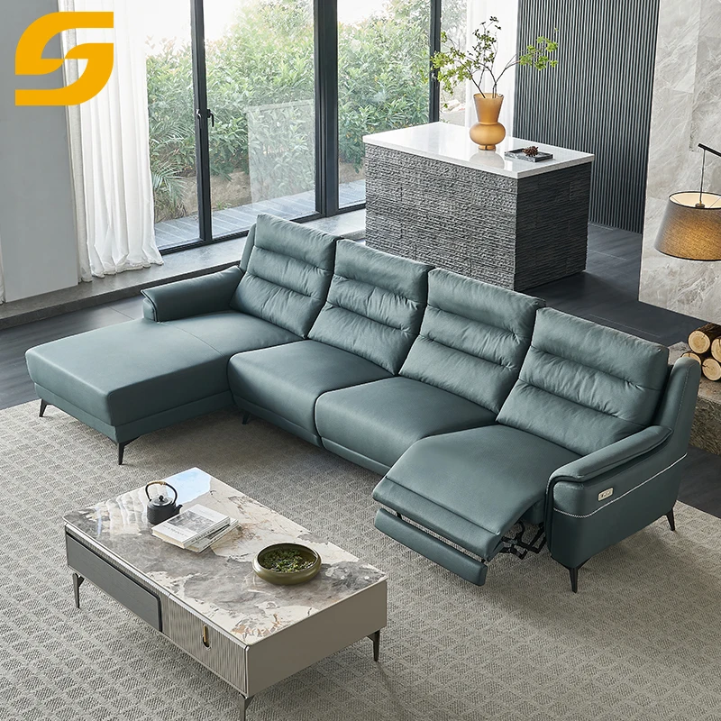 Luxury Modern Furniture Set Sectional Leather Cover Villa Sofa Metal Leg  Wood Frame Electric Recliner Reclining Living Room Sofa