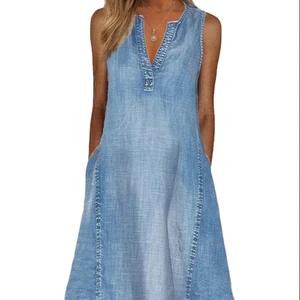 Summer XL Size Casual Dress European American Style V-Neck Sleeveless Loose Fit Floor-Length Denim Unique Patterns Solid Color