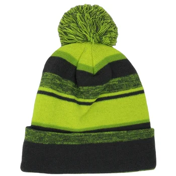 cheap Acrylic Knitted yellow striped sports winter hat Hip Hop winter beanie with pom pom