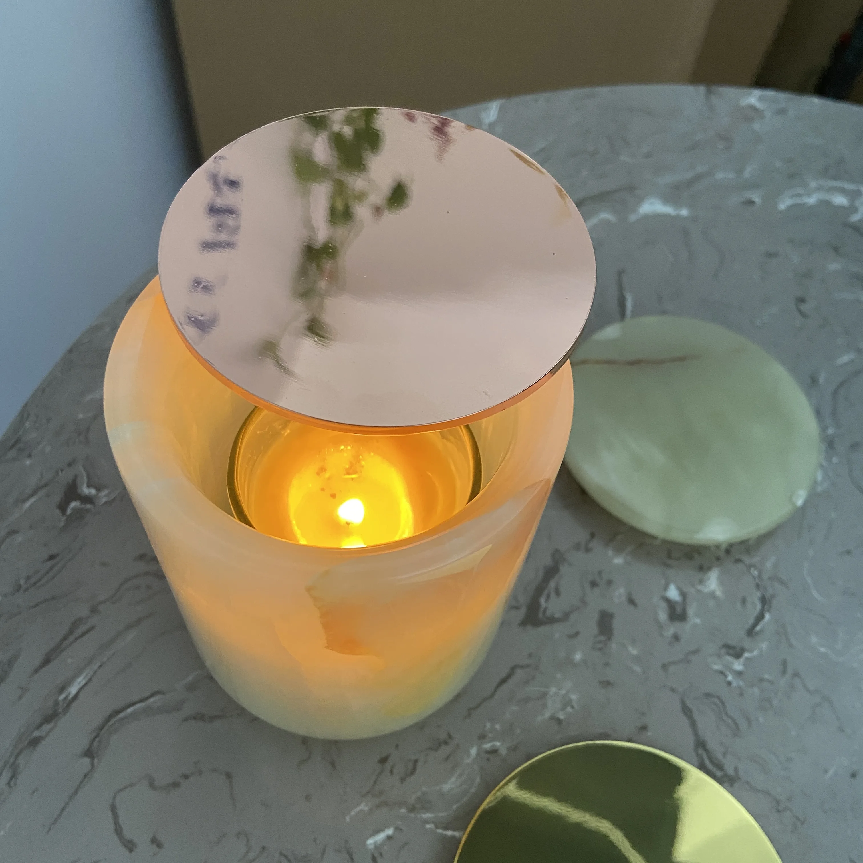 Luxury White Onyx Candle Holders With Lid Marble Stone Onyx Candle Jar