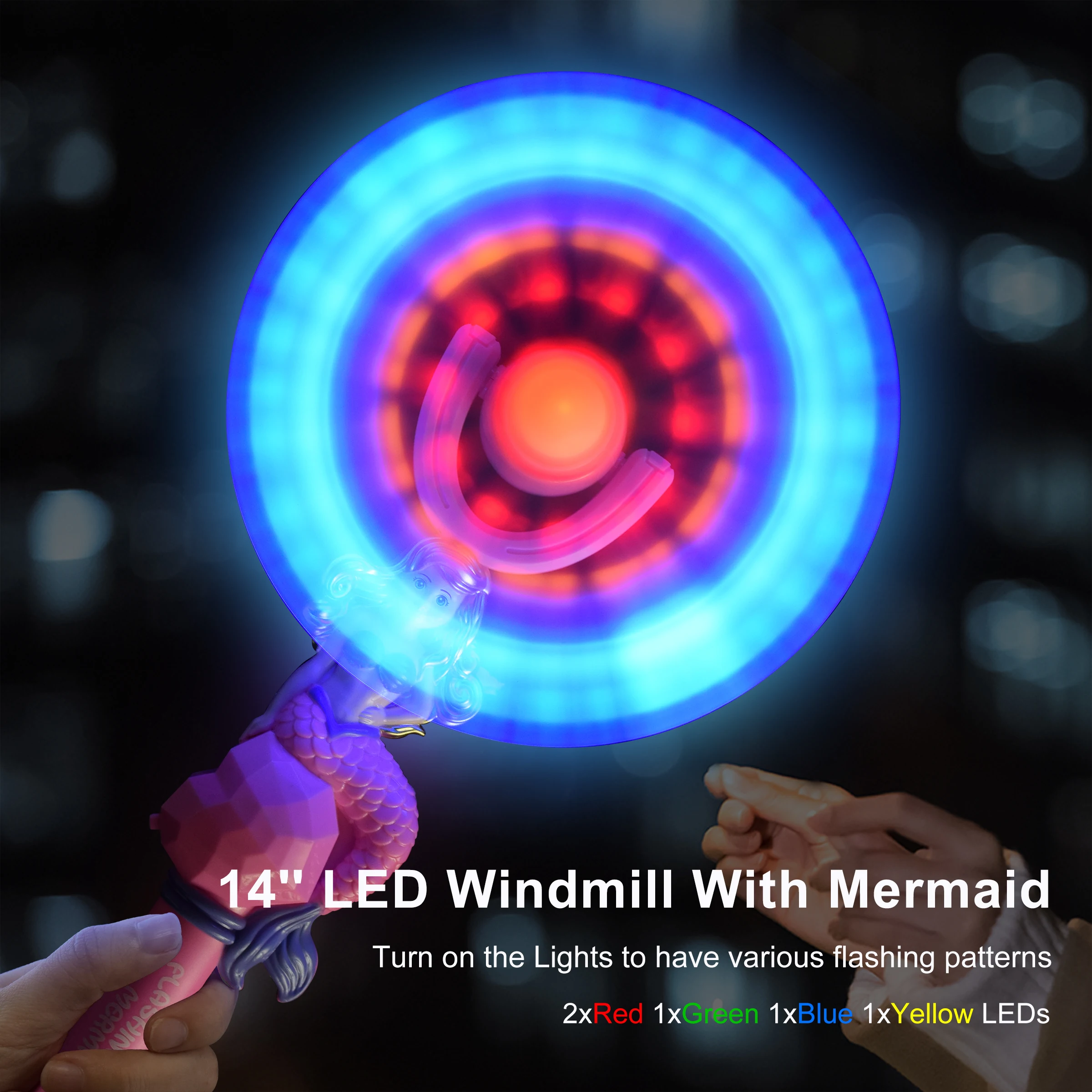 14''LED Light up Spinning Wand Swivel Fan New Party Supplies Light-up Windmill Toys Flashing Mermaid Windmill