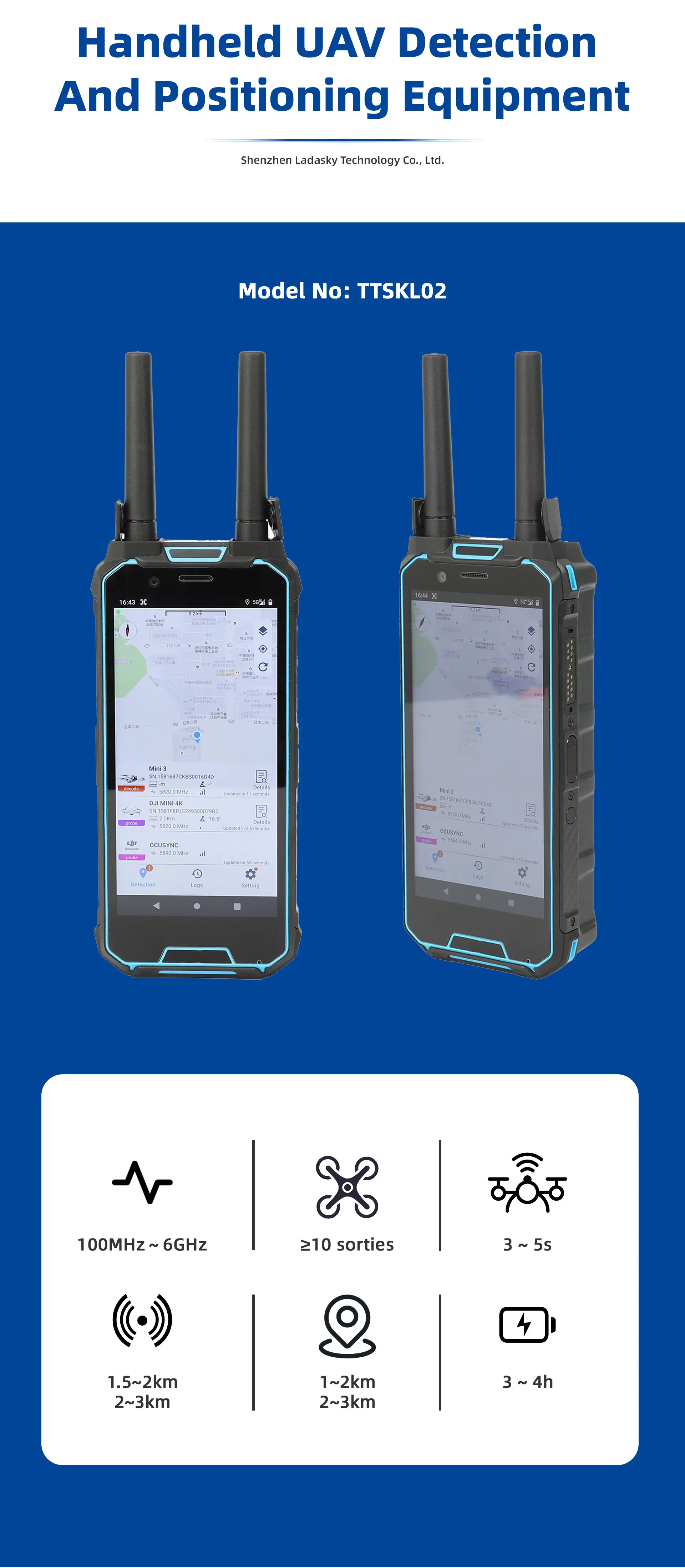 Position Detecting Device Handheld UAV Detection & Positioning Device 3~4h Endurance, 100MHz~6GHz ...